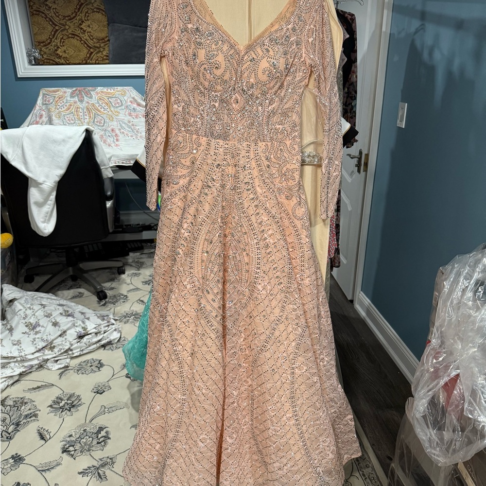 Pink Sequin Embellished V-Neck Gown